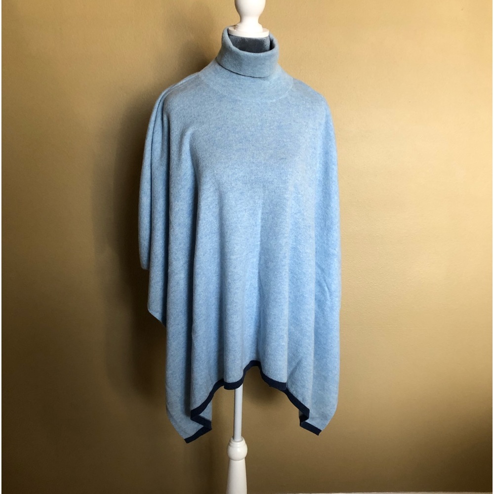 Light Blue Turtleneck Poncho with Navy Edge